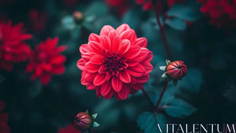 Red dahlia in botanical focus with unfocused background elements.