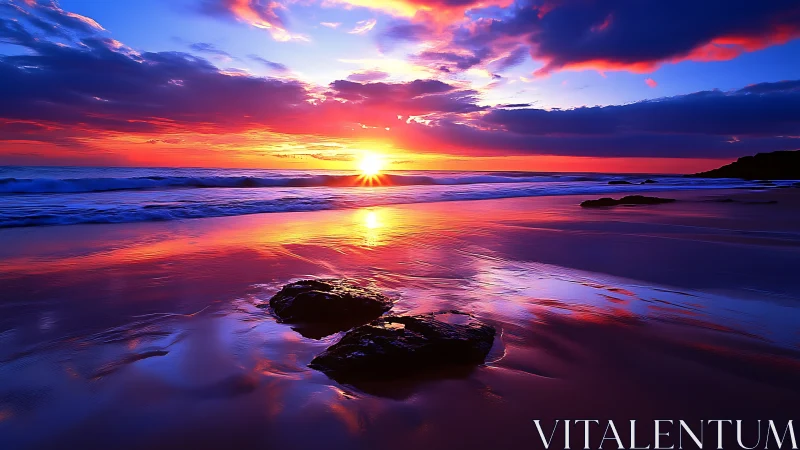 Vibrant ocean sunset reflects molten color across shore.