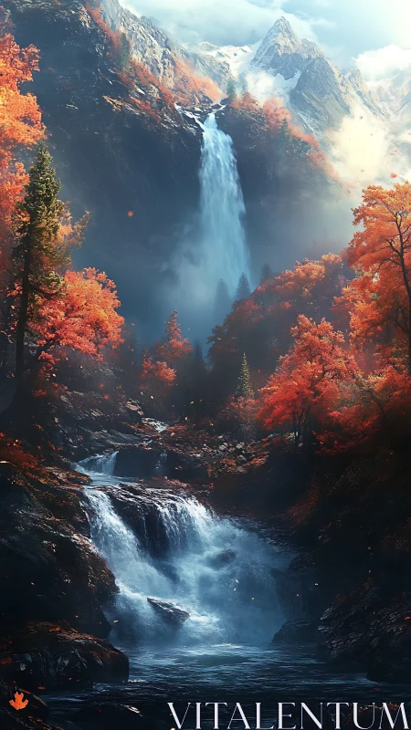 Mountain waterfall cuts through blazing autumn forest