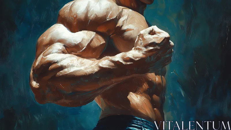 Oil-brushed colossus flexing under stormy teal light.