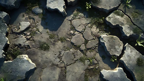 Eroded concrete slab fragments with realistic lighting and vegetation