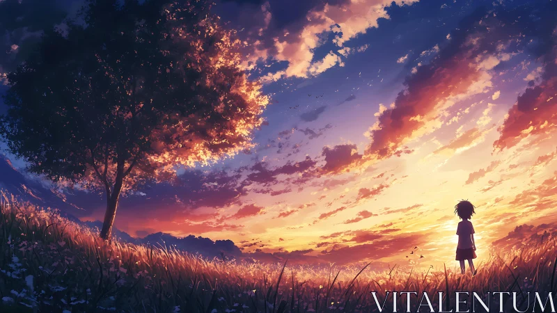 Twilight meadow daydream with lone child under blazing sky.