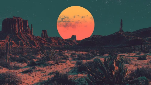 Surreal desert mesas under oversized neon moonrise glow.