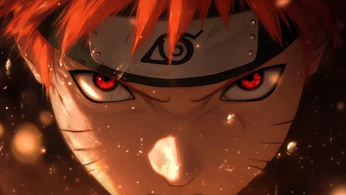 Fiery red-eyed anime ninja portrait in intense close-up focus