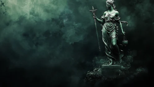 Blindfolded justice statue amid dark atmospheric clouds.