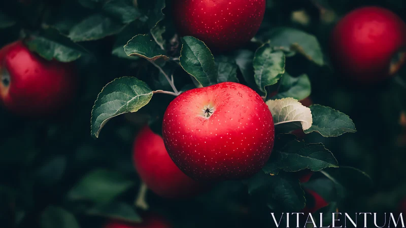 Crimson orchard jewels glimmer against deep green foliage.