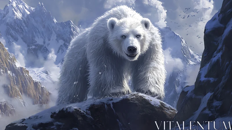 Polar bear on rocky snow ridge in high mountain range.