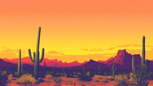 Colorful desert landscape with cacti under vivid sunset sky.