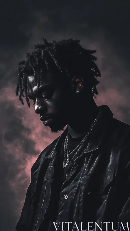 Moody side-lit portrait drifting through soft pink smoke.