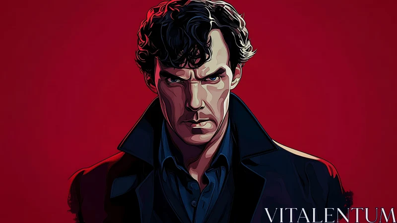 Stylized detective portrait under intense red backdrop.