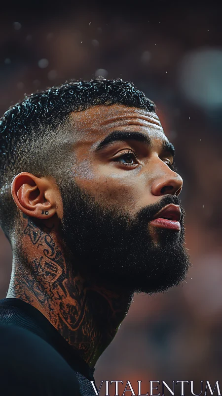 Side-profile portrait of tattooed athlete under stadium lights.