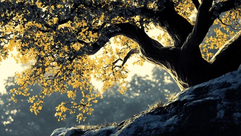Backlit deciduous tree canopy on rocky slope in golden hour light.