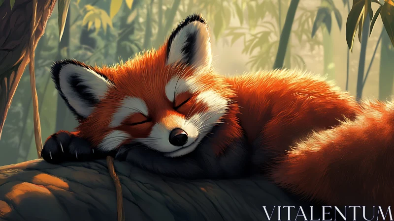 Dreamy red panda naptime on a sun-dappled jungle branch.