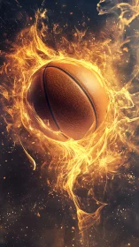 Basketball engulfed in controlled flame effects in motion.