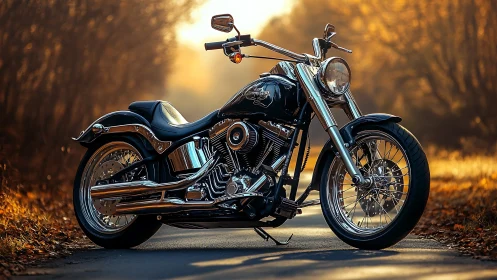 Shining chrome motorcycle waiting on a golden autumn road.