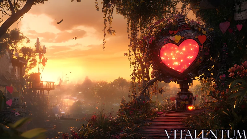 Mechanical Heart Glows in Sunset's Embrace: Dystopian Love.
