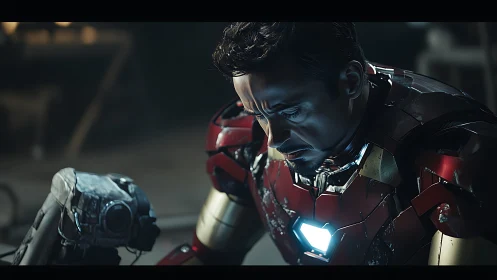 Armored hero kneels beside damaged robot in dim workshop