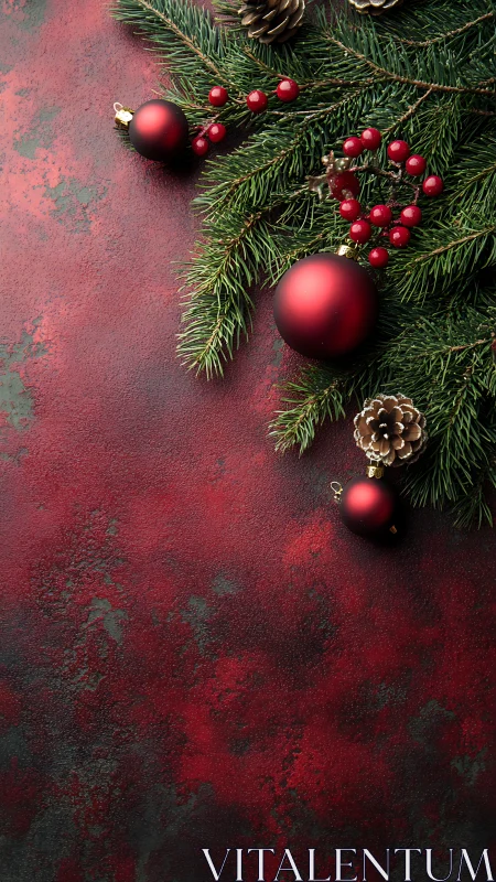Red Christmas ornaments rest on evergreen branches gracefully.