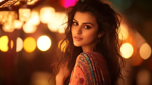 Warm bokeh portrait captures poised woman in festive night light