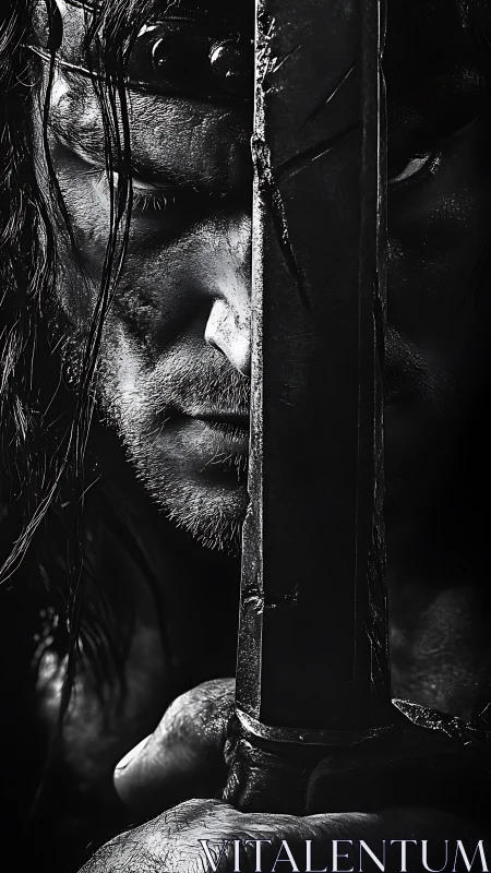 Steel-eyed warrior framed in shadow and unforgiving steel.