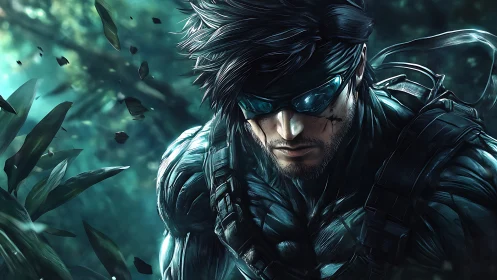 Tactical cyber-stealth operative in bioluminescent jungle field.