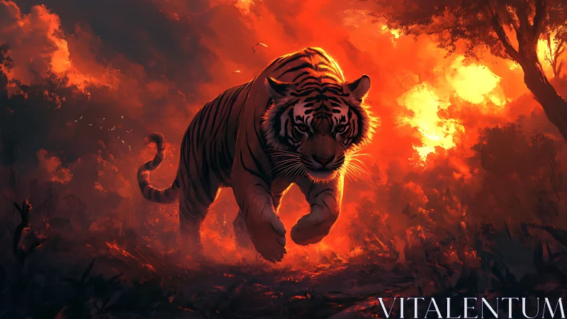 Firewalk tiger strides through molten dusk jungle blaze.