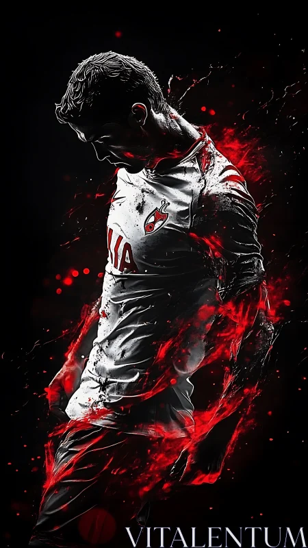 Blazing striker in shadow, carved from swirling red fire.