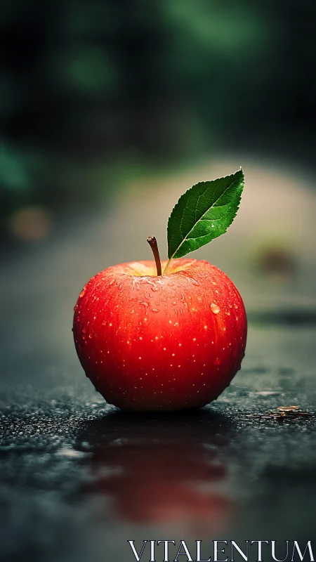 Single red apple glows on wet dark surface after fresh rain