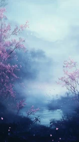 Misty river valley is framed by pink flowering trees