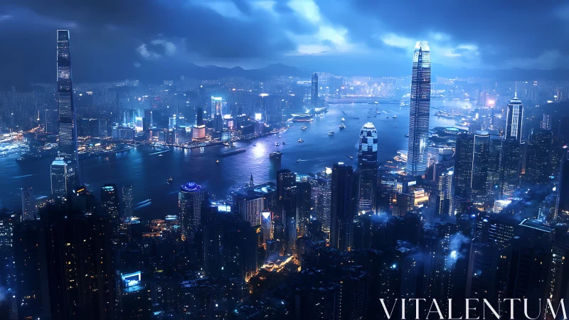 Neon harbor megacity skyline under stormlit midnight clouds.