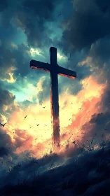 Stormlit hilltop cross amid blazing resurrection sky.
