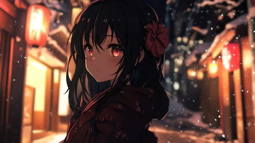 Anime night portrait in snowy lantern-lit street scene.