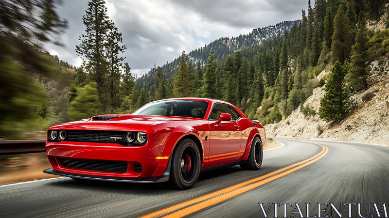 Red muscle car charges through alpine highway curves in motion