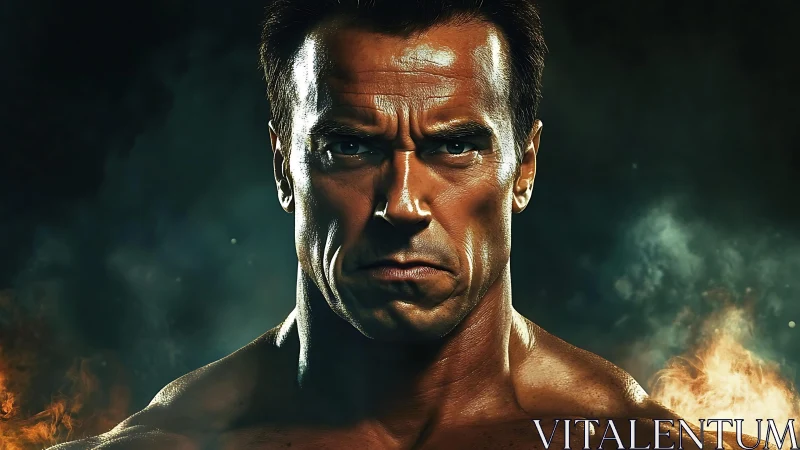 Muscular man stares forward amid dark smoke and fire