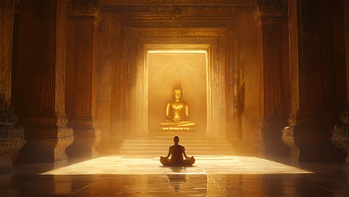 Golden quietude hums as monk and Buddha share morning light