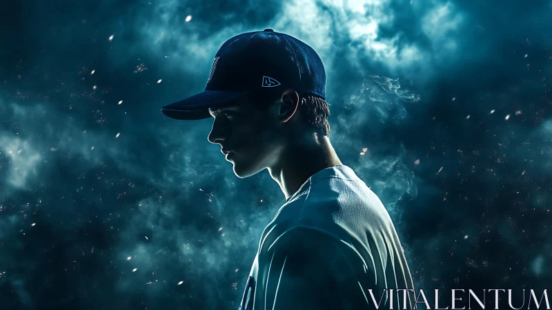 Moody baseball silhouette amid glowing blue stadium haze.