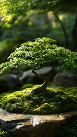 Miniature bonsai maple under golden backlit foliage canopy.