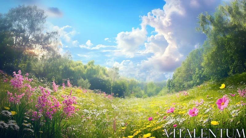 Sunny wildflower meadow under a bright, welcoming sky.