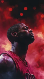Basketball player portrait in red atmospheric lighting.