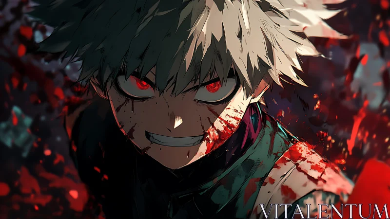 Bloodstained anime fighter stares forward with feral intensity