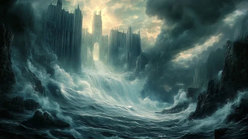 Drowned gothic citadel amid storm-lashed rising ocean.