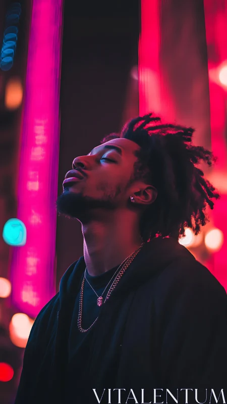 Man in hoodie under magenta neon lights at night street.