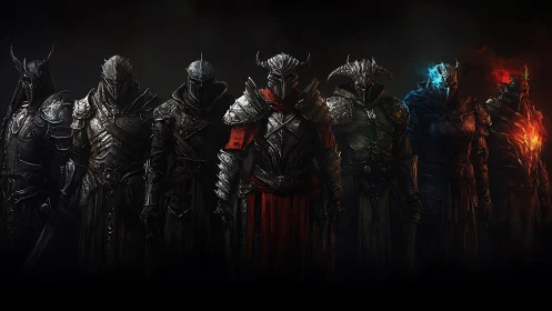 Lineup of heavily armored dark knights with elemental accents