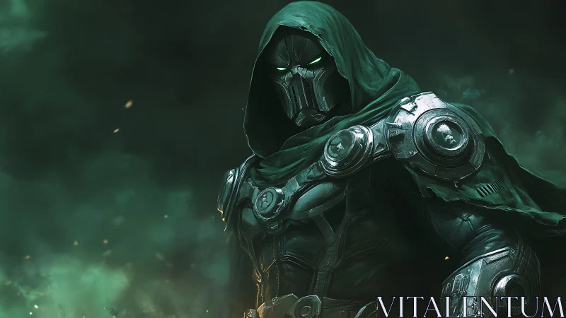Hooded techno-warrior in emerald storm-lit armor stance.