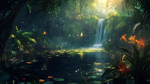 Luminescent jungle waterfall illuminates tranquil lily pond