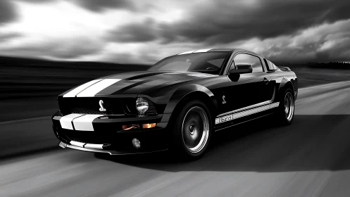 Black muscle car racing under stormy sky at speed.