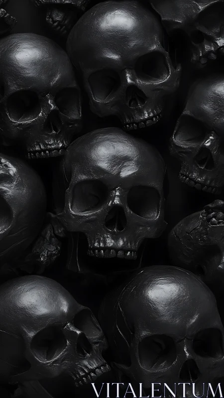 Dense vertical arrangement of glossy black human skulls.