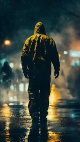 Backlit rain-slick figure in urban vapor plume at night.