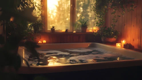 Sunlit indoor spa bath glows with candles and foliage