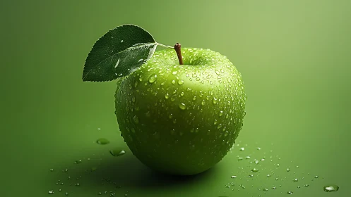 Green apple stands in vivid studio light with fresh dew